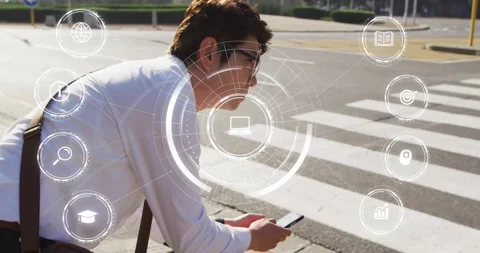 Man pausing at crosswalk while tapping smartphone, activating digital UI with Stock Footage 318741037