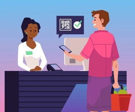 Man pays for purchases in store using QR code scene flat style Stock Illustration