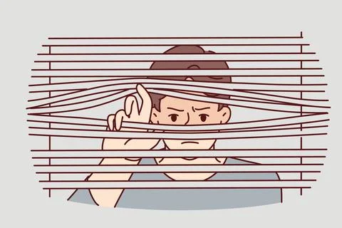 Man peeks through closed blinds to follow neighbor or find out secret Illustrazione stock