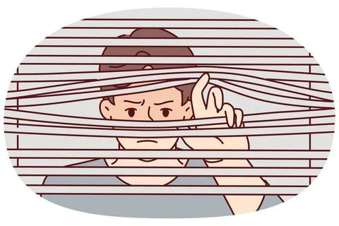 Man peeks through closed blinds to follow neighbor or find out secret info... Stockfoto's
