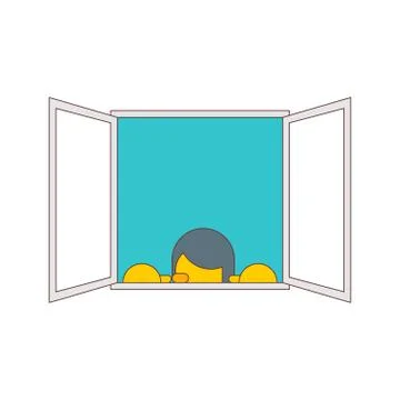 Man Peeps out window isolated. vector illustration Stock Illustration