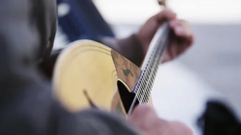 Man performance player play bouzouki outdoor  on street, isolated cinematic s Stock Footage 333772240