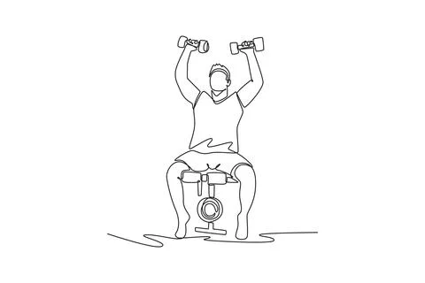 Man is performing dumbbell shoulder press on weight bench Stockillustratie