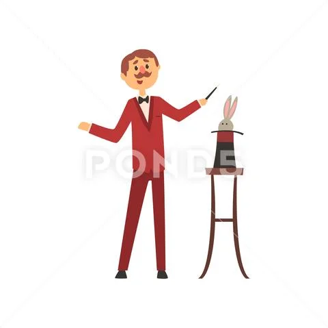 Man performing focus with rabbit appearing from top magic hat. Cartoon magician Stock Illustration