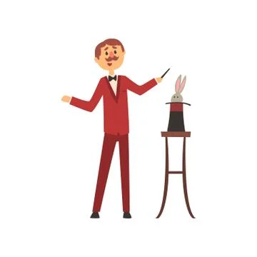 Man performing focus with rabbit appearing from top magic hat. Cartoon magician Stock Illustration
