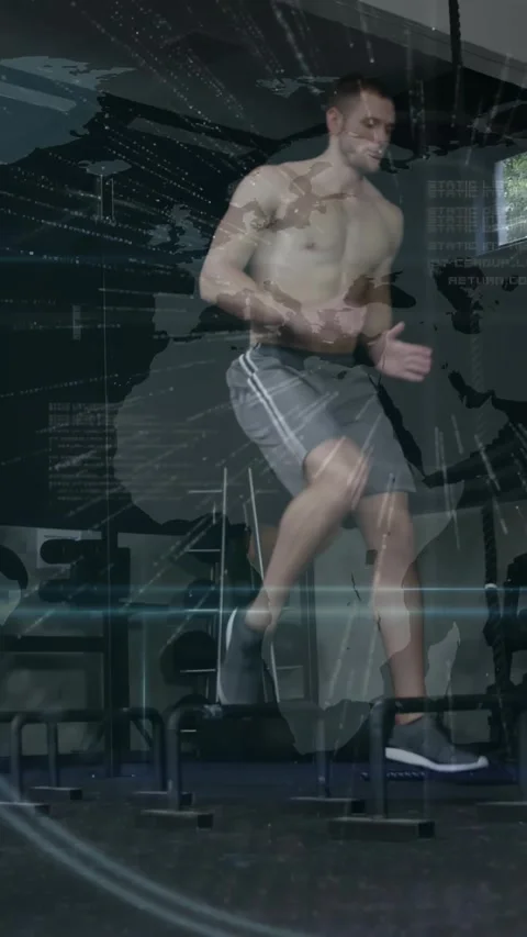Man performing hurdle drill in gym, starting steps, transparent map HUD showing Stock Footage 330965546