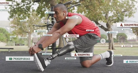 Man performing kneeling hamstring stretch, motion-triggered overlays tagging Stock Footage 333904145