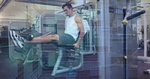Man performing leg extension exercise in fitness tech scene, with animated Stock Footage 307550904