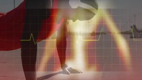 Man performing pushups on paved pier, phone and wearable activating ECG grid and Stock Footage 330540667