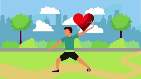 Man performing yoga warrior pose in park with city skyline and animated hea.. Stock-Footage 338316405