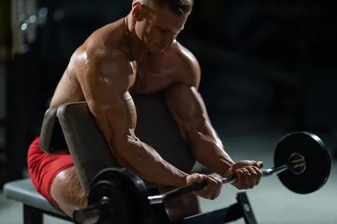 Man performs barbell bench press on Scott bench in gym during workout session in Stock Photos