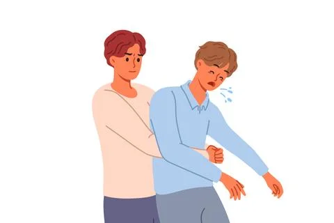 Man performs heimlich maneuver for choking friend, providing first aid to save Stock Illustration