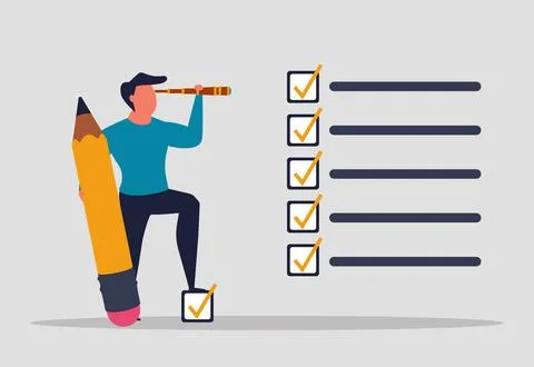 A man performs tasks, completing assignments to the end. List of cases or t.. Stock Illustration