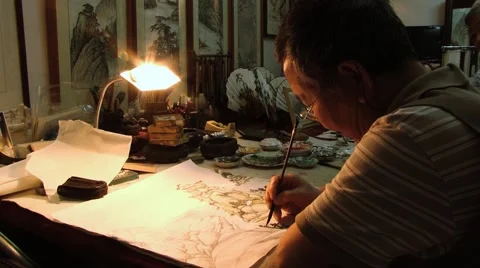 Man performs traditional painting in a workshop in Beijing, China. Stock-Footage 64970886