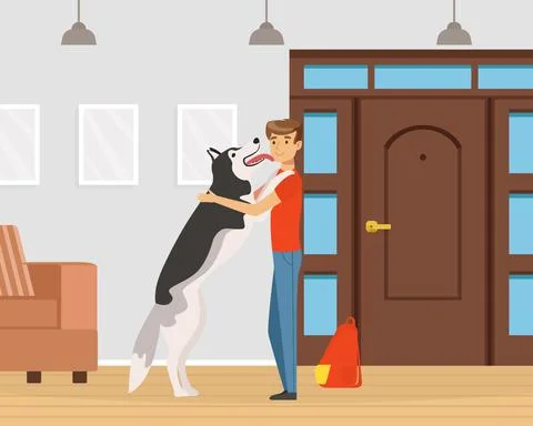 Man Pet Owner Coming Back with His Dog Licking His Face with Joy Vector Stock Illustration
