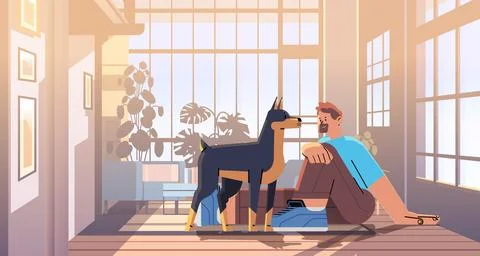 Man pet owner playing with cute dog best friends domestic animal caring for four Stock Illustration