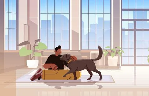 Man pet owner playing with cute dog best friends domestic animal caring for four Stock Illustration
