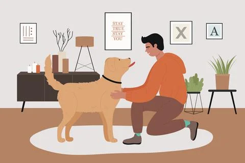 Man pet owner playing with dog friend in cozy home living room interior, happy Stock Illustration