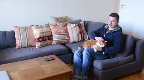 Man Petting Cat Stock Footage 49440442