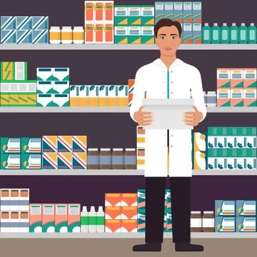 Man pharmacist with box in his hands in a pharmacy opposite the shelves with  Stock Illustration