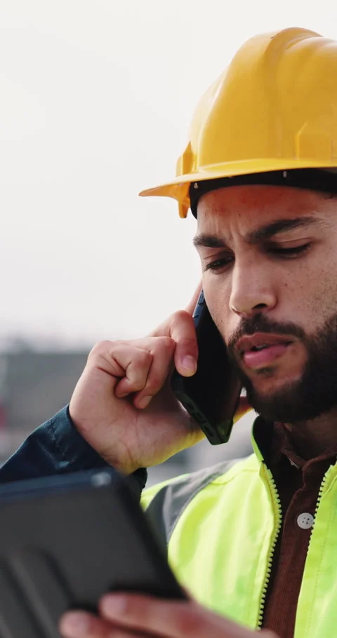 Man, phone call and architect with tablet at construction site with stress, Stock Footage 336630758