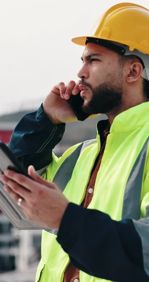Man, phone call and engineer with tablet at construction site on rooftop, Stock Footage 336630299