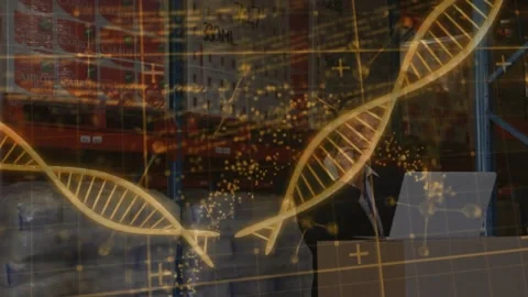 Man on phone checking laptop in warehouse, phone-triggered DNA helix visualizing Vídeos de archivo 332731559