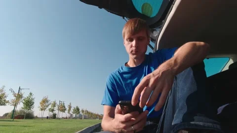 Man With Phone Eating Stock Footage 161476671