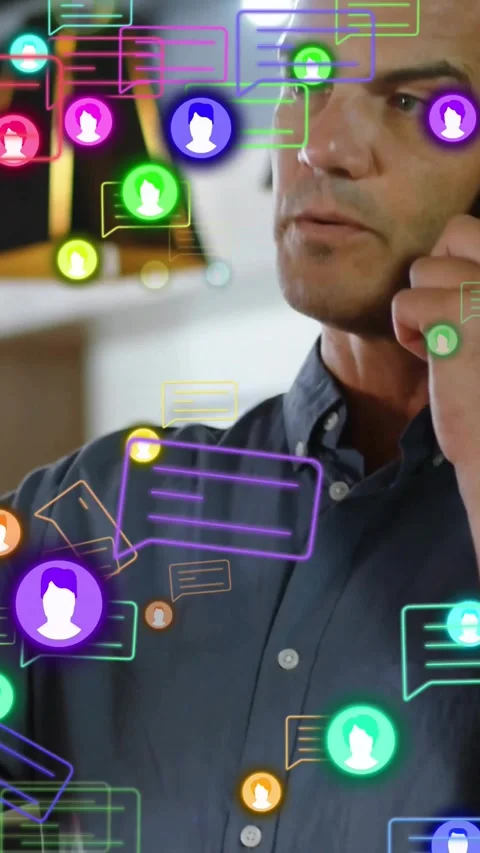 Man on phone, handling communication by replying to messages, bubbles clustering Stock Footage 331738717