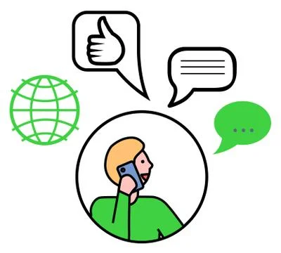 Man with Phone, Message and Globe Symbol Vector Illustrazione stock