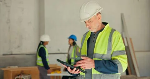 Man, phone or engineer at worksite with tablet, project management or digit.. Stock Photos