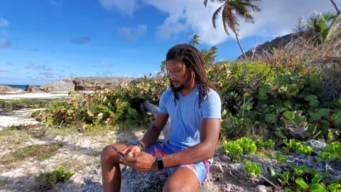 Man on phone using technology roaming smartphone in island paradise scene, 4K Stock Footage 132366285