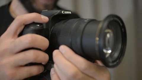 Man Photographer Work With Photo Camera Canon On A Fashion Session Stock Footage 88536853
