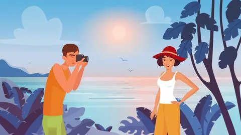Man photographing, holding camera to make photo of woman on tropical beach Stock Illustration