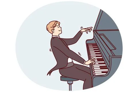 Man pianist masterfully plays classical music while sitting in tuxedo for ... Stock Photos