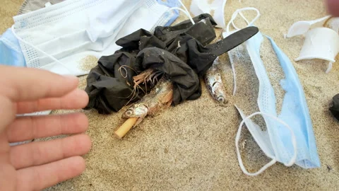 Man pick up dead fish with cigarette butt on mouth,medical waste pollution Vídeos de archivo 136732526