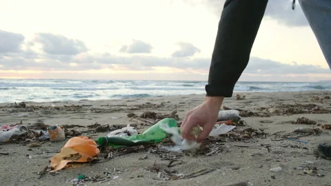 Man pick up plastic bottles waste pollution from contaminated ocean sea coast Vídeos de archivo 146831506