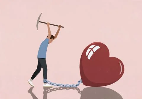 Man with pickaxe breaking chain connecting his ankle to large heart on pink Stock Illustration