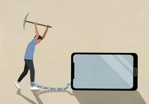 Man with pickaxe breaking chain connecting his ankle to smart phone on beige Stock Illustration