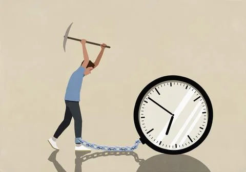 Man with pickaxe trying to break chain connecting his ankle to a clock Stock Illustration