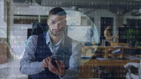 Man picking up phone and tapping in open office, creating animated globe code Stock Footage 332290036