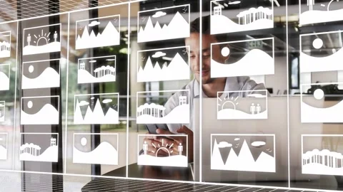 Man picking up phone, scrolling and starting binary turning into tiles for tech Stock Footage 333368441