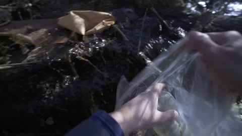 Man picking up plastic trash in a forest stream. POV shot. Stock Footage 239871565
