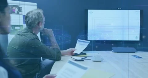 Man picking up report coworker observing business meeting creating dynamic data Stock Footage 318545370