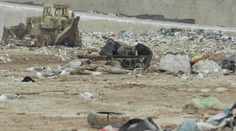 Man picking scavenging trash in huge landfill under snow wind during winter Stock Footage 45671473