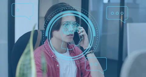 Man picking smartphone activating AI interface with brain icon and bubbles Stock Footage 315509045