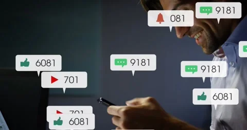 Man picking up smartphone, animating tech alerts for monitoring updates shifting Stock Footage 326752846