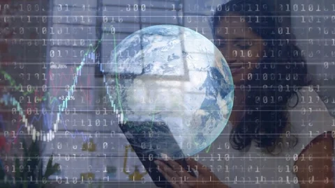 Man picking up tablet starting binary data while animating hologram globe and Stock Footage 318239330