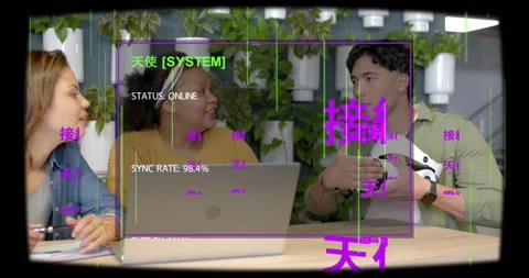 Man picking up white VR headset and demonstrating features while AR HUD overlays Stock Footage 332274495