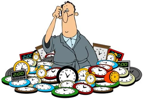 Man in a pile of clocks Stock Illustration
